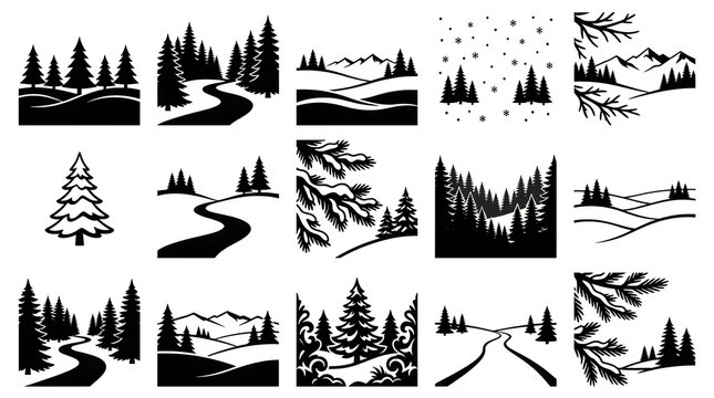 Collection of distressed woodcut style landscape scenes with trees and rivers