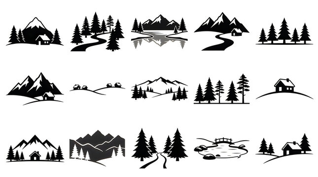Collection of black silhouette landscape elements including forests and mountains