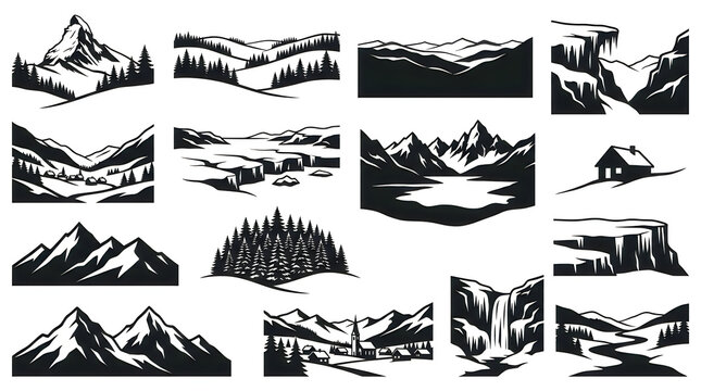 Vintage engraving style landscape collection with mountains forests and water