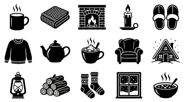 Cozy winter icons set featuring warm drinks and comfort items