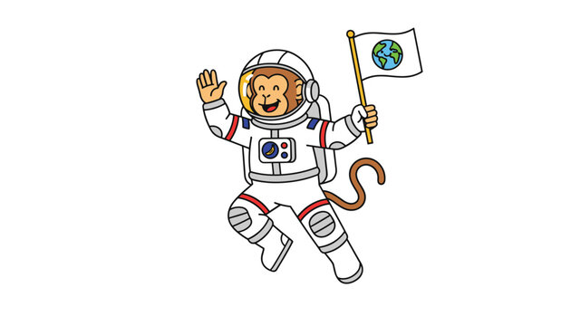 Adorable cartoon monkey astronaut floating in outer space while holding a white flag with a green and blue image of Earth on it.