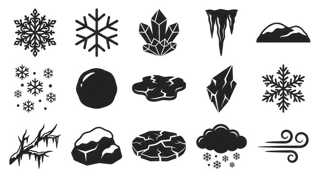 Variety of winter ice crystals and frozen weather elements collection
