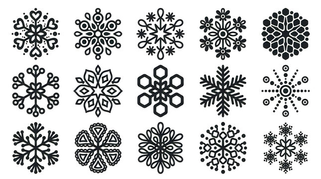 Collection of intricate black and white snowflake illustrations on white background