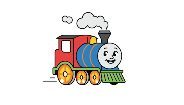 Adorable cartoon toy steam locomotive engine with a happy smiling face driving fast and emitting grey smoke on white background.