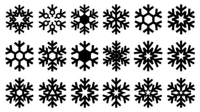 Collection of intricate black and white snowflake illustrations on white background