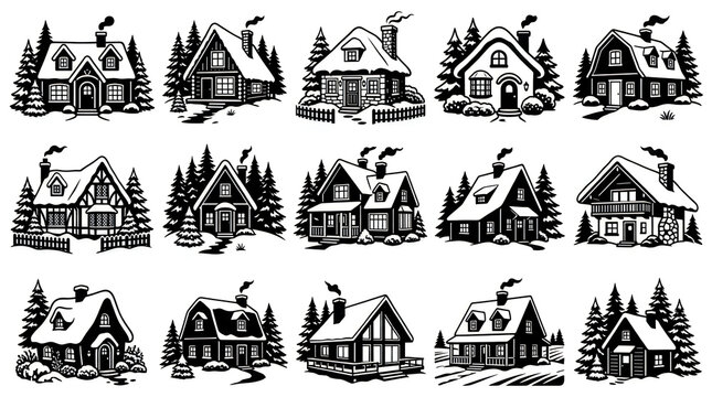 Vintage style collection of fairytale houses and pine trees illustration