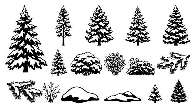 Vintage style collection of coniferous trees and rocky landscape elements