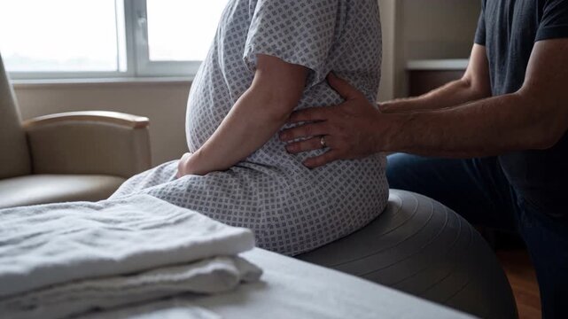 Pregnant woman sits on a birthing ball in a hospital setting with partner providing back support during labor. Emphasizes care and teamwork in childbirth. Movie made using Generative AI.