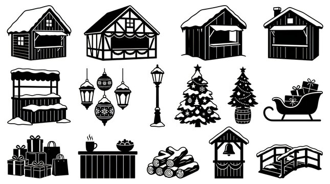 Vintage winter holiday icons including buildings trees and streetlights