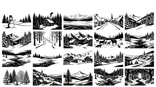 Collection of vintage woodcut style winter landscape illustrations