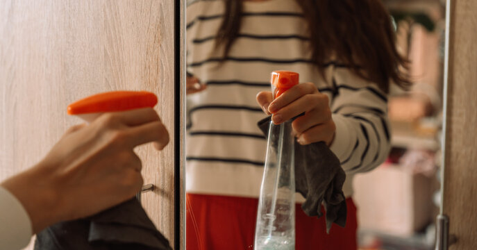 Woman holding a spray bottle and cloth before a mirror wearing a striped top.