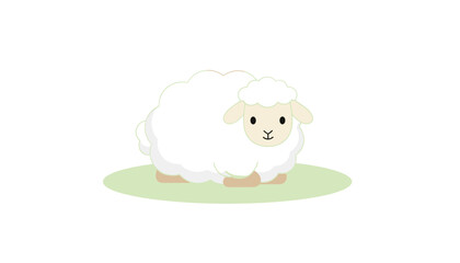 Obraz premium Gentle fluffy white sheep rests calmly on a green grassy patch against a clean white background, looking peaceful.