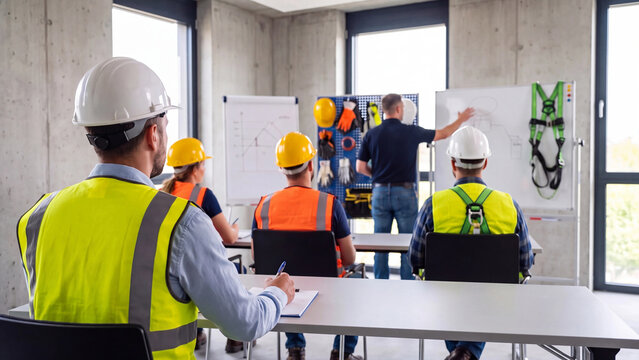 Construction safety training session showing workers in helmets and vests learning workplace hazard prevention indoors