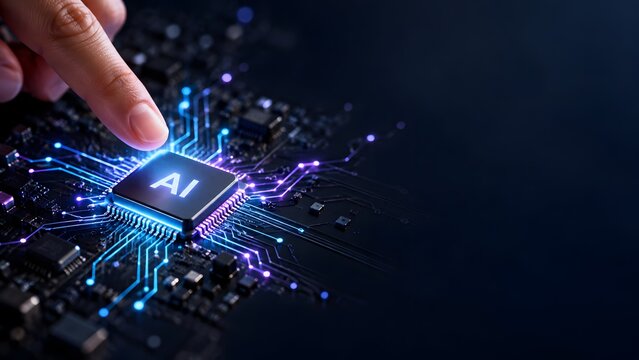 Human finger activating glowing artificial intelligence microchip on futuristic computer circuit board