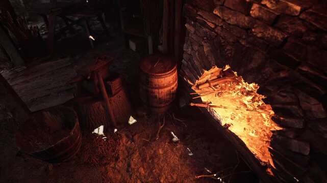A traditional old forge showcases a roaring fire, casting warm light on wooden barrels and tools. The scene captures the essence of craftsmanship and history in a rustic setting.