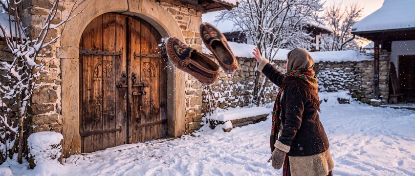 Woman throwing traditional shoes backward in snowy winter courtyard during folklore custom
