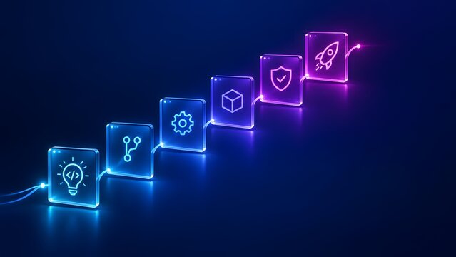 Glowing digital icons displaying business startup timeline from initial idea to secure product launch