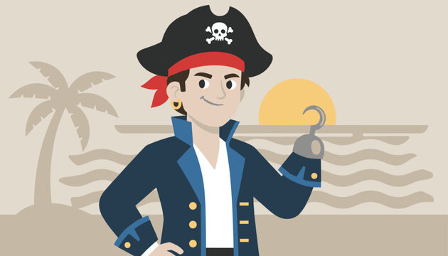 Brave pirate captain with a hook hand and a skull hat standing proudly on a tropical sunset beach with a palm tree in cartoon style.