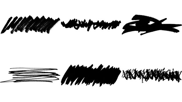 Set of black hand drawn marker scribbles and messy brush strokes for creative design and abstract texture elements isolated on transparent background