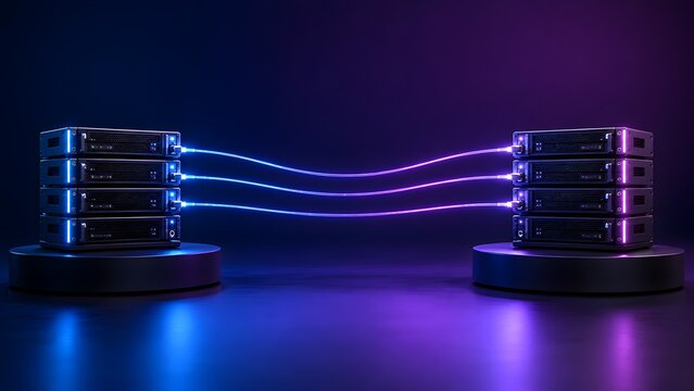 Two modern server racks connected by glowing fiber optic cables for high speed direct data transfer