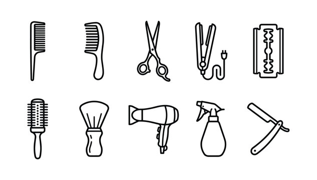 Minimalist linear vector icon set featuring barber shop tools hair salon styling equipment and professional grooming accessories