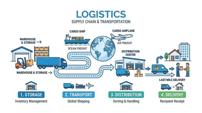 Logistics supply chain diagram with shipping transport and delivery process icons.