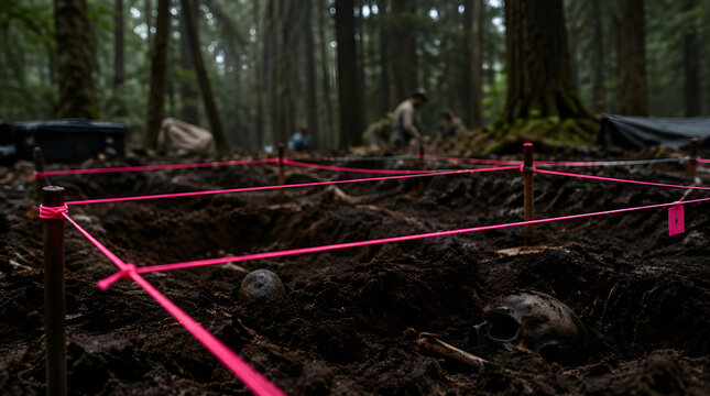 Pink survey tape marks an archaeological excavation site in a forest.