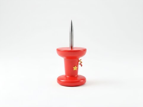 Red pushpin featuring a metallic needle point and decorative star icon standing upright against a clean bright white studio background surface.