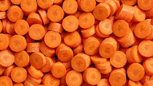 A large pile of freshly sliced orange carrot rounds filling the entire frame with a vibrant texture and bright natural vegetable colors