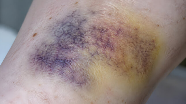 Close up of a large bruise on human skin showing various stages of healing.