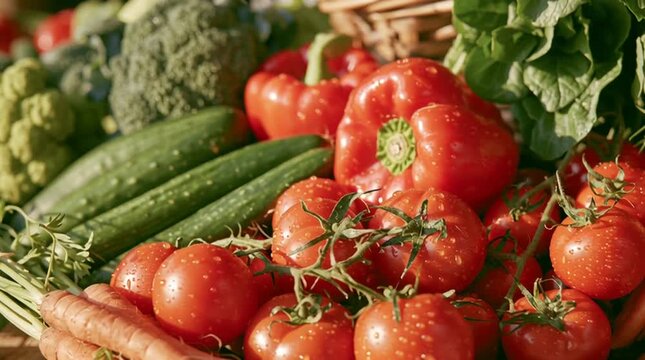 Fresh red peppers, tomatoes and green cucumbers arranged on a rustic table, colorful farm produce with warm light, crisp texture and summer charm now.