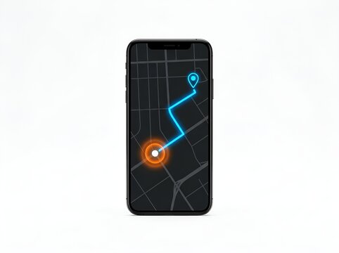 Smartphone upright on white surface displays a digital street map application featuring GPS tracking route and location pins for travel.