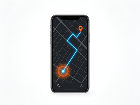 Smartphone displays a navigation app with an active route mapped across city streets against a clean white background in a studio setting.