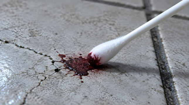 Forensic Cotton Swab Collecting Blood Sample From Cracked Tile Surface.