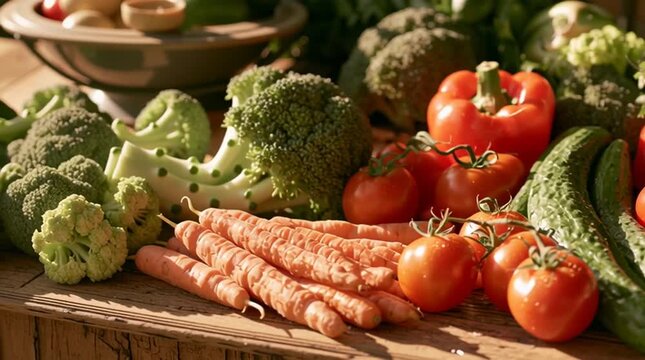 Fresh red peppers, tomatoes and green cucumbers arranged on a rustic table, colorful farm produce with warm light, crisp texture and summer charm now.