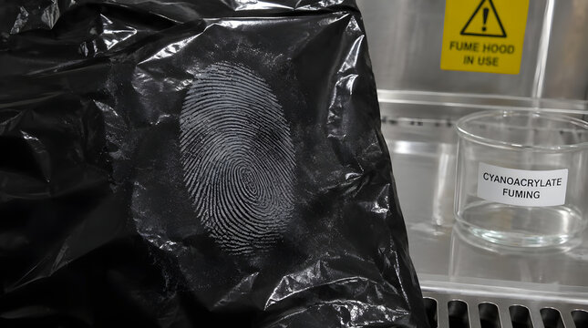 Latent fingerprint developed on black plastic surface using forensic cyanoacrylate fuming technique.