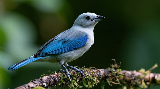 A small blue and grey bird perched on a mossy tree branch in a lush forest, capturing wildlife in its natural habitat with soft bokeh