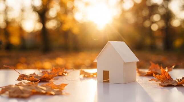 Miniature white paper house model sits on smooth surface surrounded by crisp orange autumn leaves under soft golden sunlight rays