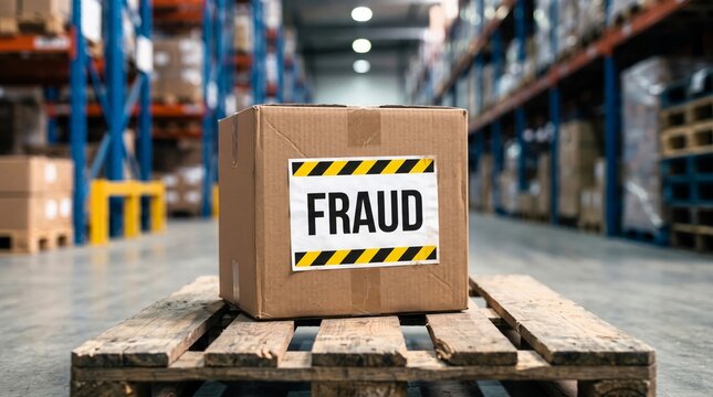 Brown cardboard box featuring a bold yellow and black hazard label marked fraud resting on a sturdy wooden shipping pallet