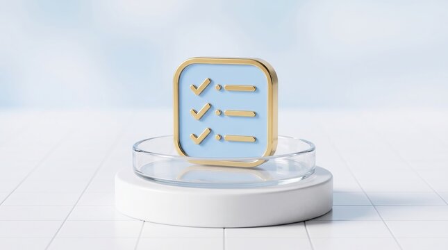 Golden checklist icon rendered in soft blue enamel rests gracefully on a white circular display stand under bright lighting