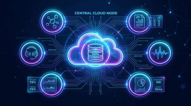 Central cloud node display featuring neon glowing data storage circuits, complex infographic interface, connectivity icons, and vibrant blue light effects