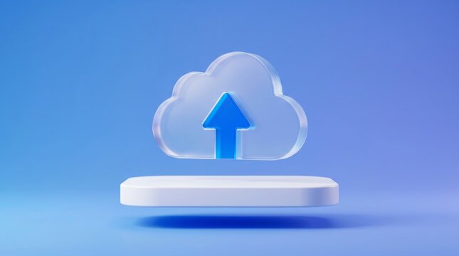 Transparent glass cloud icon with blue arrow pointing up floating above a smooth white surface against gradient studio lighting