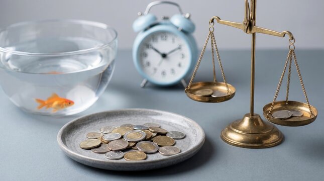 Shiny brass balance scales rest beside a ceramic plate filled with silver and gold coins near a small goldfish bowl