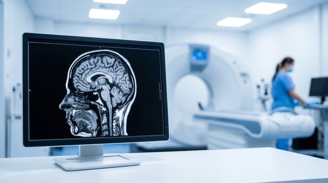 Detailed sagittal human brain mri scan displayed on a digital computer monitor inside a bright professional modern medical diagnostic laboratory