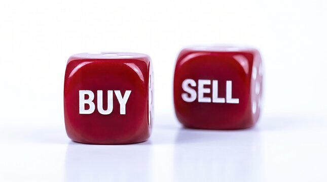 Vibrant red dice featuring white bold lettering spelling buy and sell sit neatly aligned under bright studio light capture detail