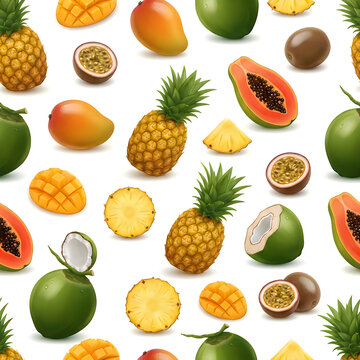 Tropical fruit seamless pattern with pineapple mango papaya and coconut on white background
