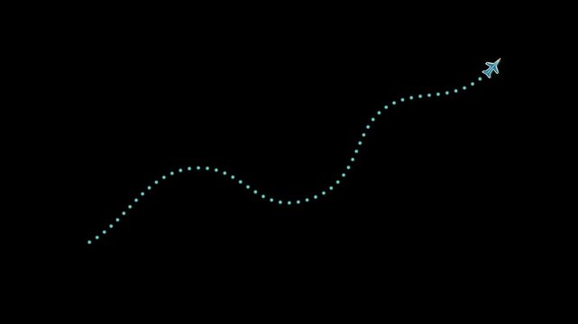 Stylized animated airplane traveling along a dotted flight route toward a destination marker. Suitable for air travel, tourism, vacation planning, aviation, flight tracking, travel maps, and transport