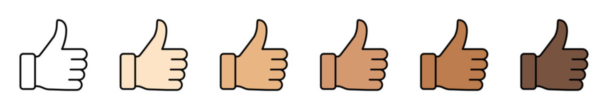 Set of thumbs up hand gesture icons in different skin tones for approval, like, support, agreement, and social media designs