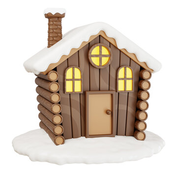 Winter wooden house with snow 3d rendering isolated on transparent background