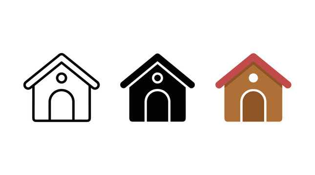 Three variations of dog house icons in outline solid and colored vector styles